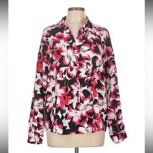 NWT Rafaella Popover Blouse Pink Black White Cabaret Floral Button Cuff size XXL